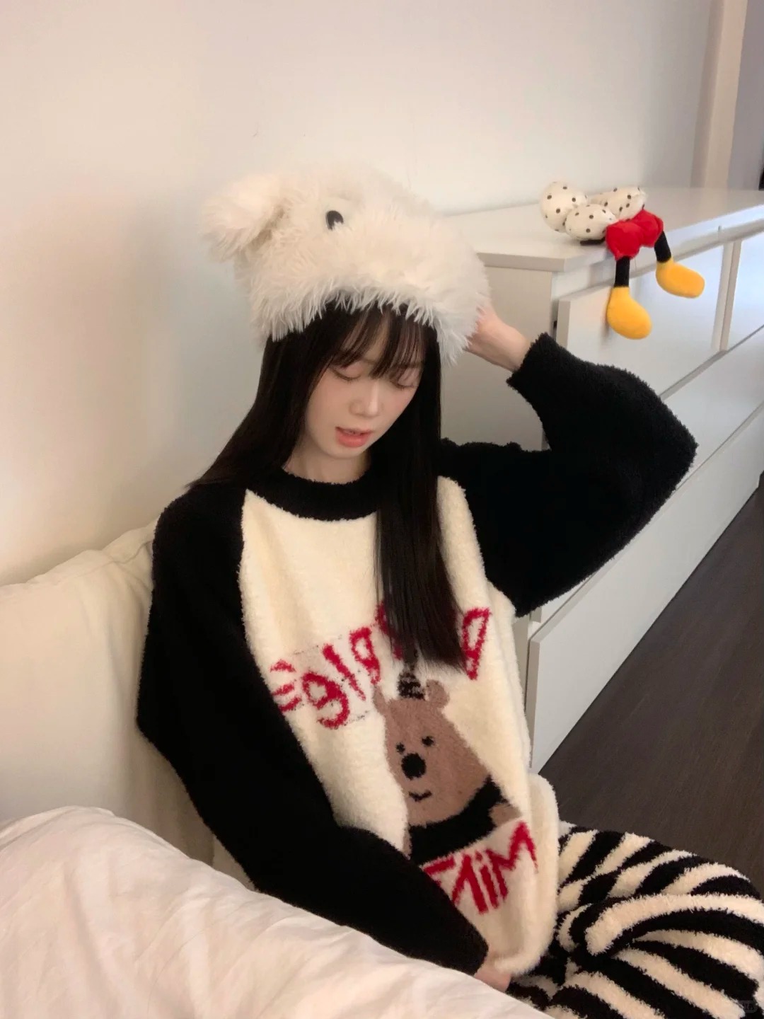 半边绒睡衣女冬季网红ins可爱卡通小熊保暖少女家居服套装