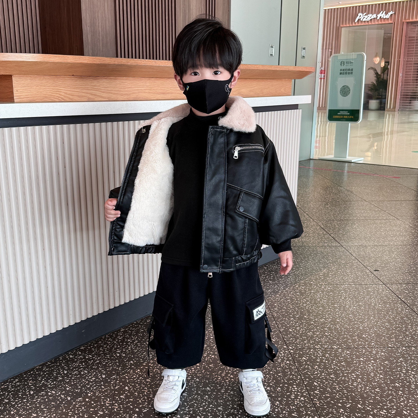 儿童加绒加厚冬装皮衣外套2025冬季新款男童棉袄夹克宝宝保暖上衣