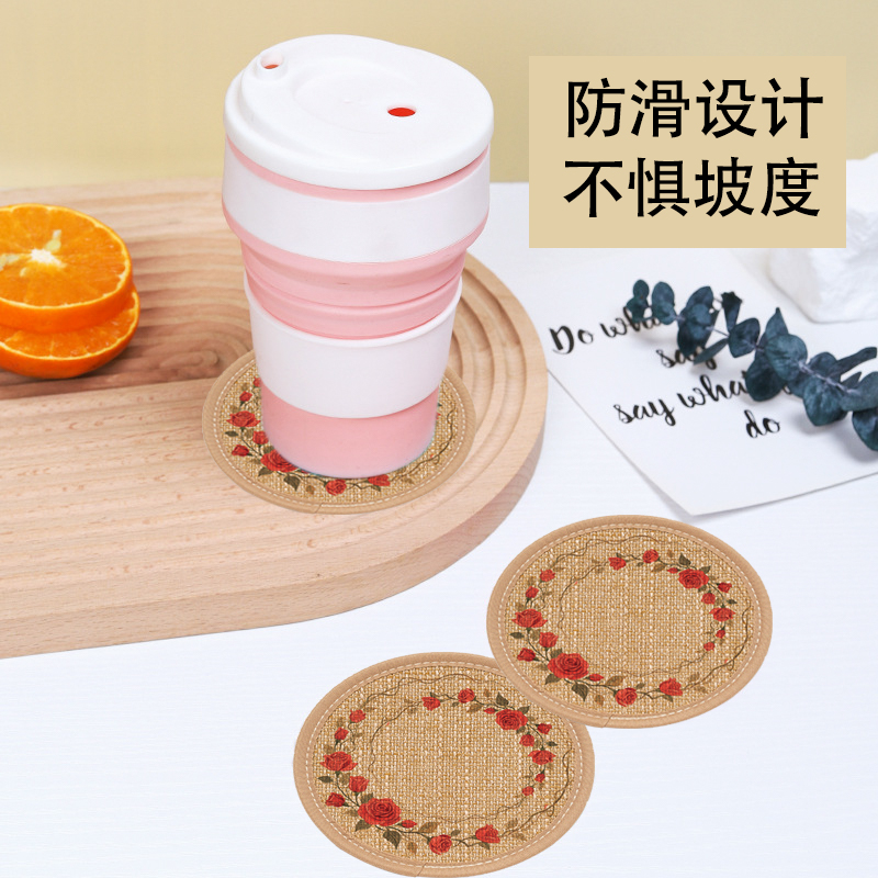 15cm编织亚麻杯垫6片装隔热垫餐桌杯垫吸水防烫垫餐盘垫子桌面垫