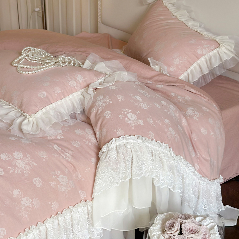 黛安娜/法式浪漫公主风60支色织提花拼接宽边蕾丝花边全棉四件套