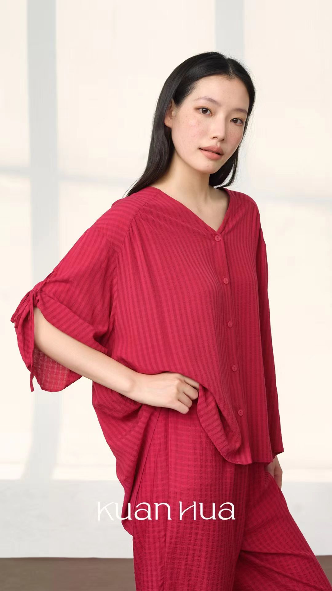宽画红色薄款七分袖女士家居服92076