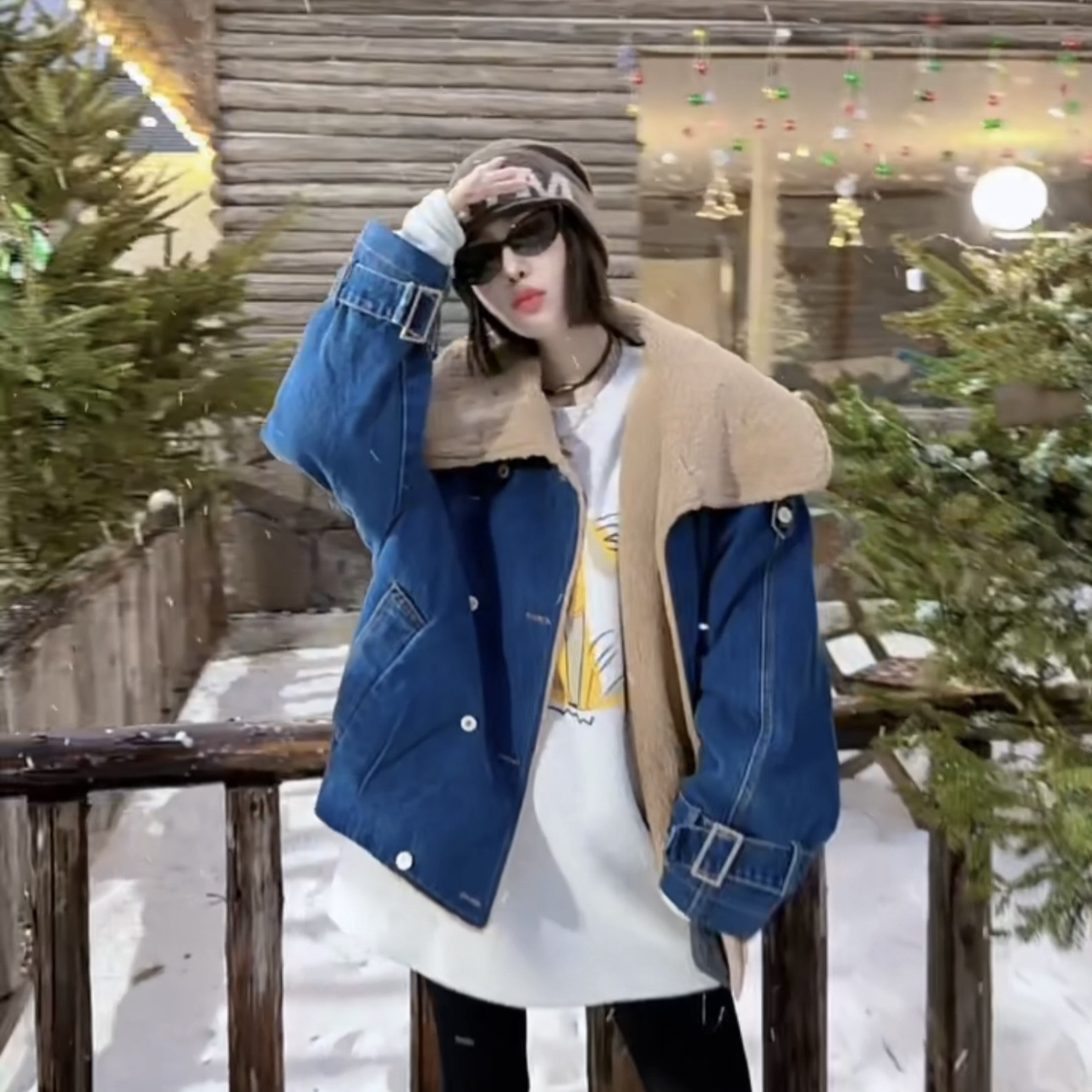 【木棉】冬季新款外套女皮毛一体羊圈毛牛仔白鸭绒羽绒服A833