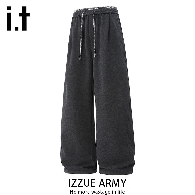 izzue正品慵懒风设计感休闲裤格子拼接秋冬新款宽松直筒潮牌卫裤