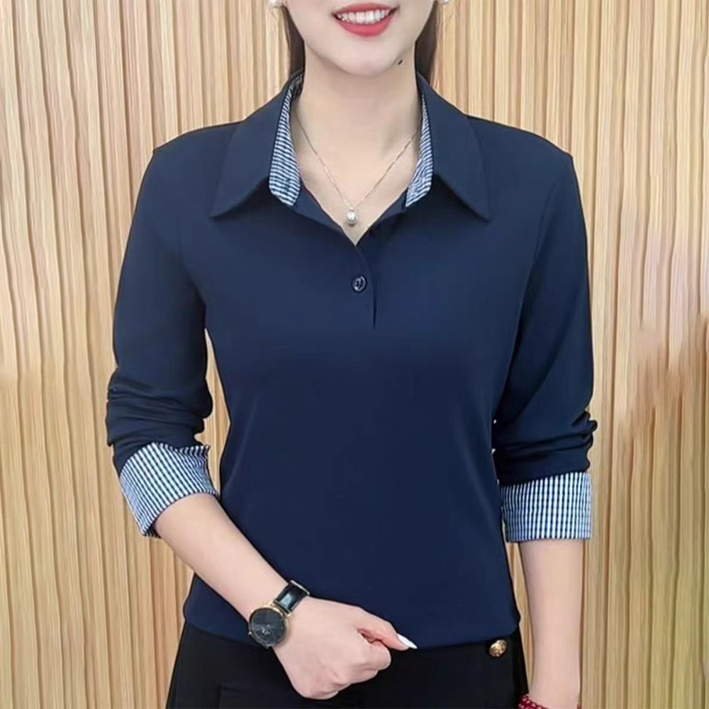 9132#POLO领翻长袖T恤大码德绒显瘦格子袖口百搭秋冬新款上衣