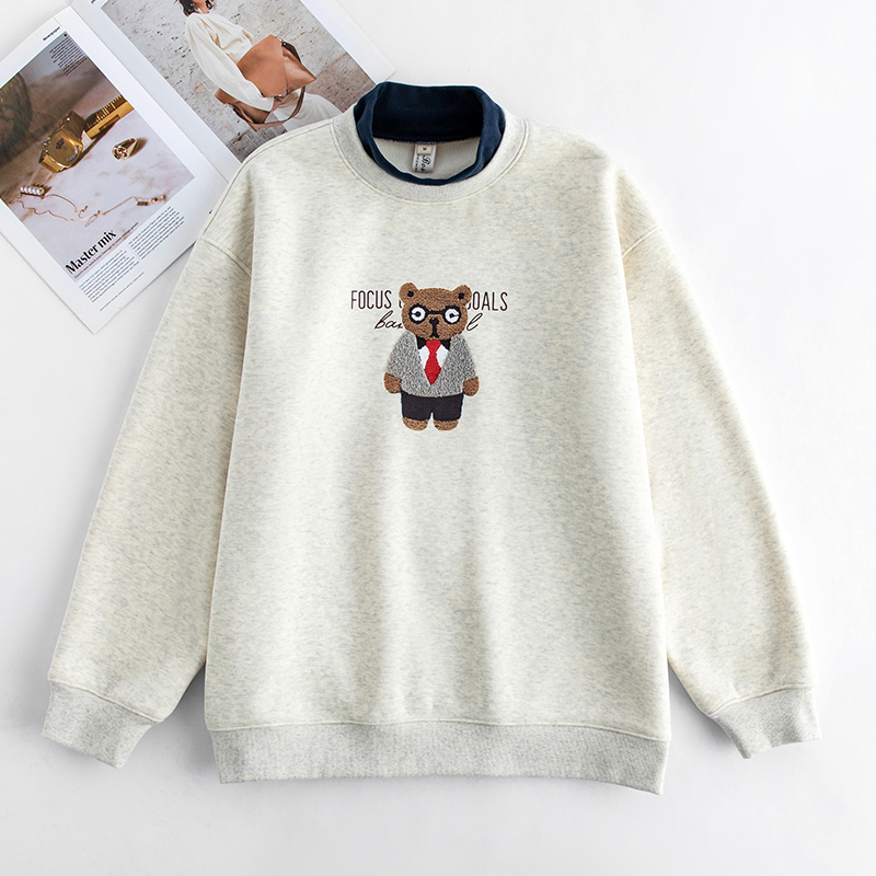 女休闲保暖印花圆领加绒加厚卫衣百搭卡通宽松