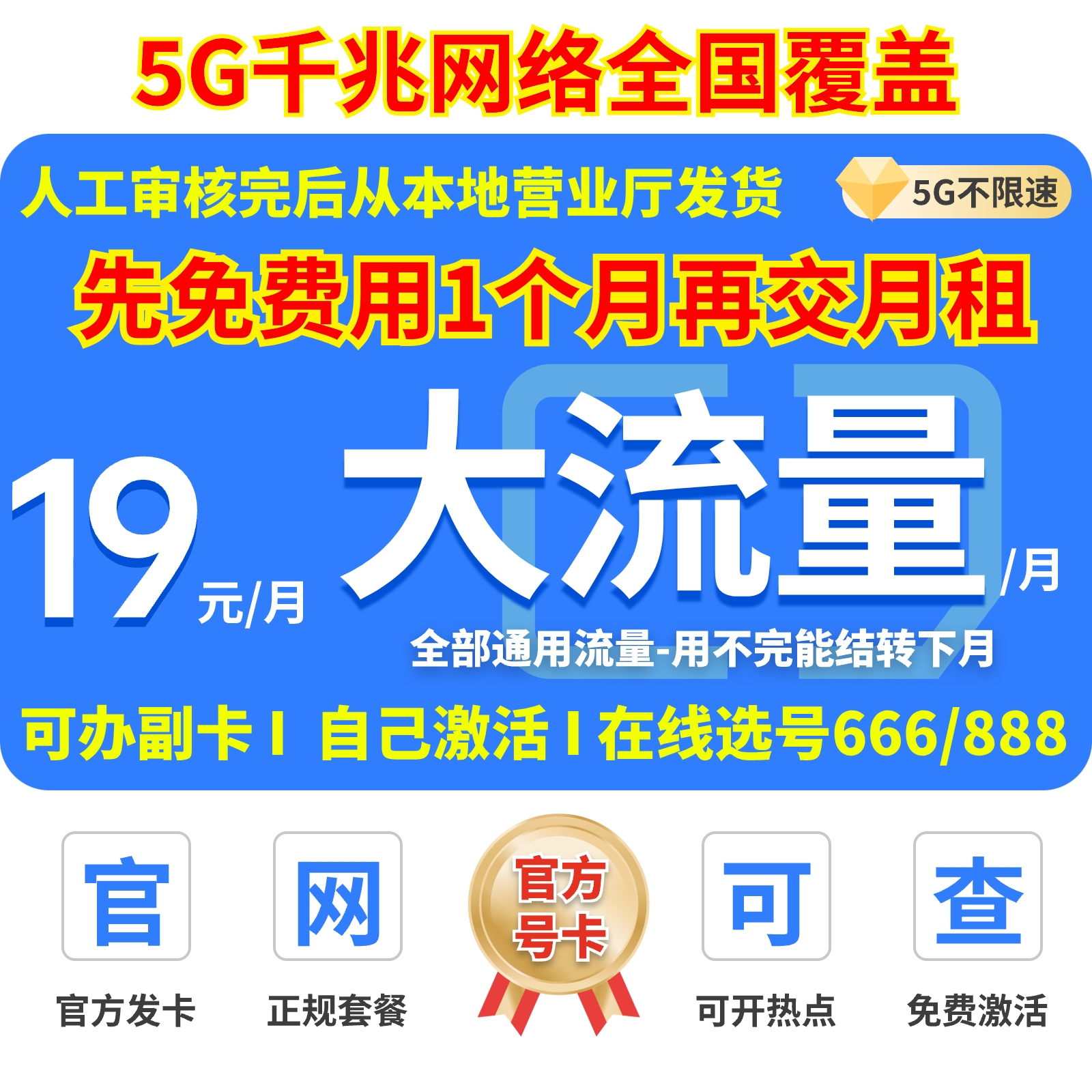 19元大流量官方正品5G中国广电不限速手机卡全国通用大流量电话卡