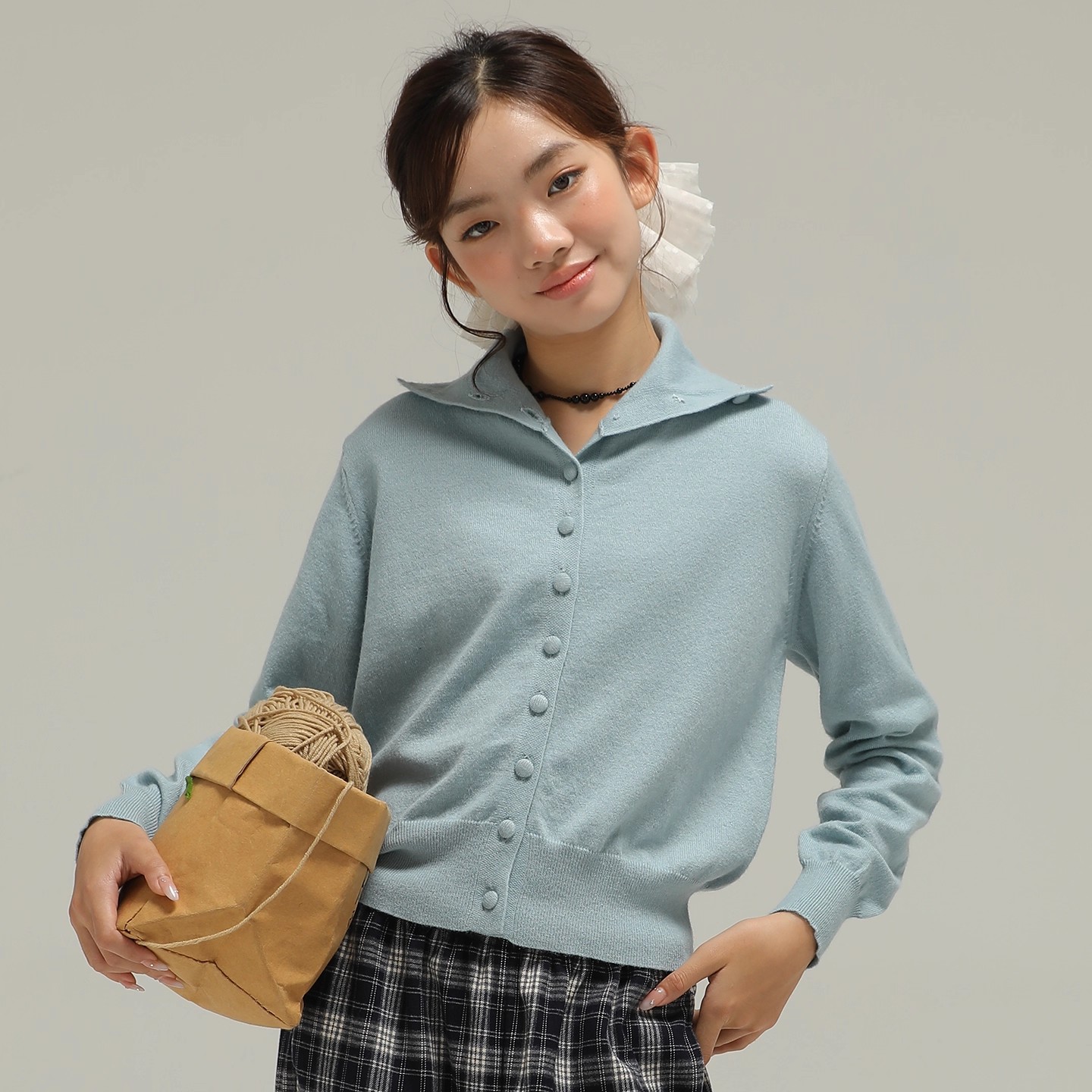 小女森女童春秋毛衣蓝色高领纽扣针织衫儿童休闲软糯长袖开衫上衣