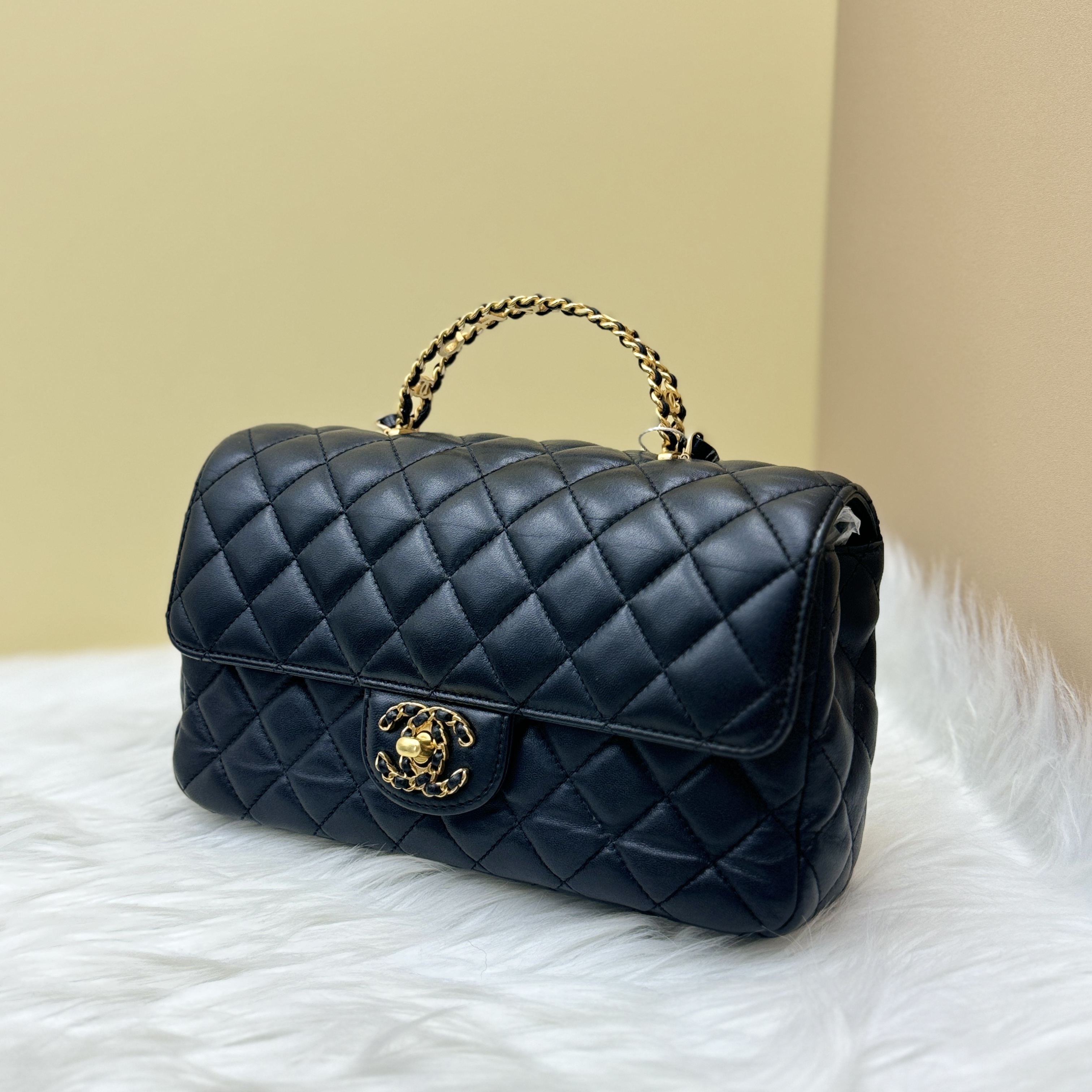 95新 Chanel/香奈儿 24C 黑钻镂空 手柄大mini 小香风手提包