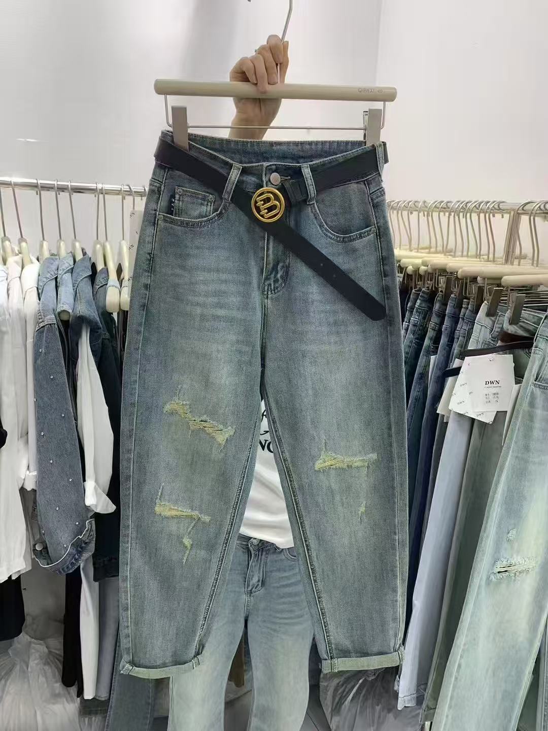 玲玲服饰【86603#假破洞老爹牛仔裤】