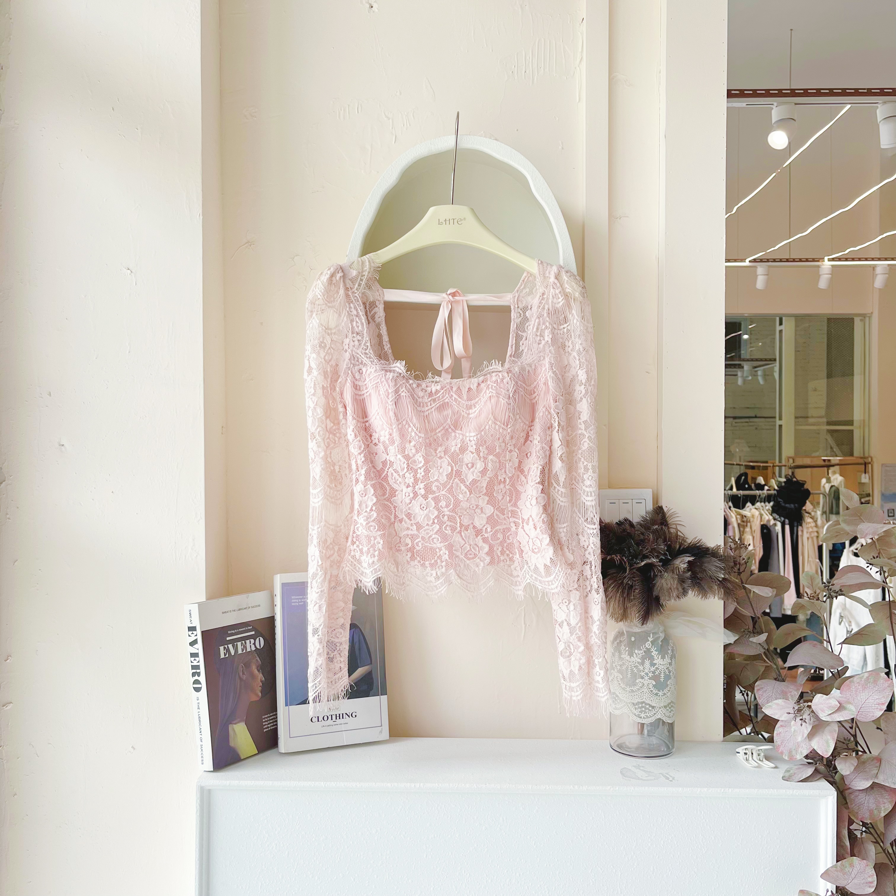 青青大码女装 方领休闲通勤编织蕾丝拼接镂空韩版上衣服C4313粉色