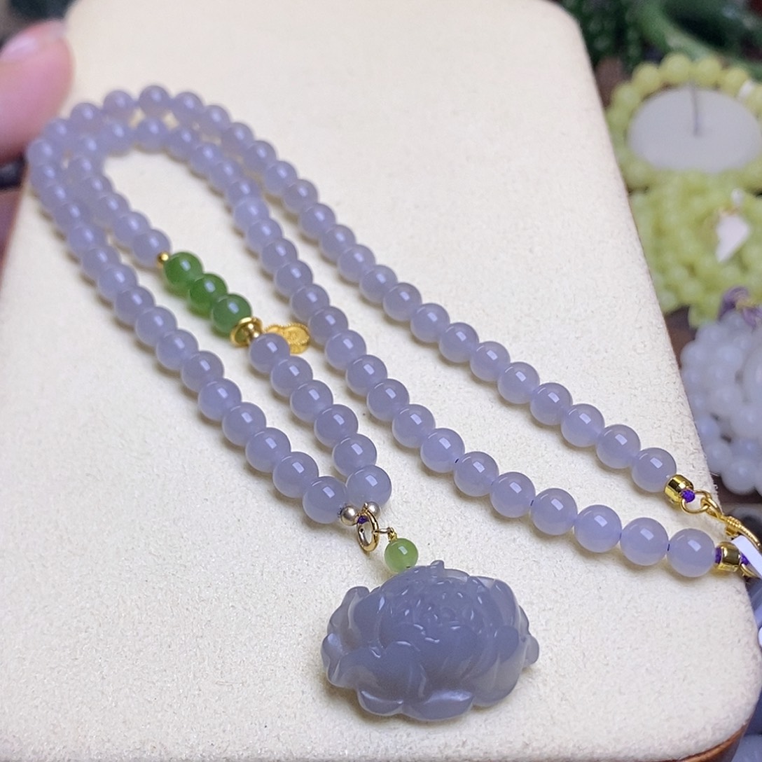 和田玉冰烟紫套链牡丹套链6mm未镶嵌