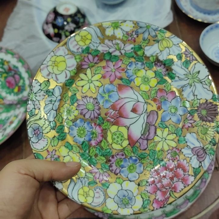 问***道瓷金万花手绘盘子一片