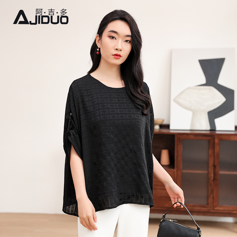 阿吉多短袖t恤女2025新款夏季提花高级大码宽松黑色圆领雪纺上衣