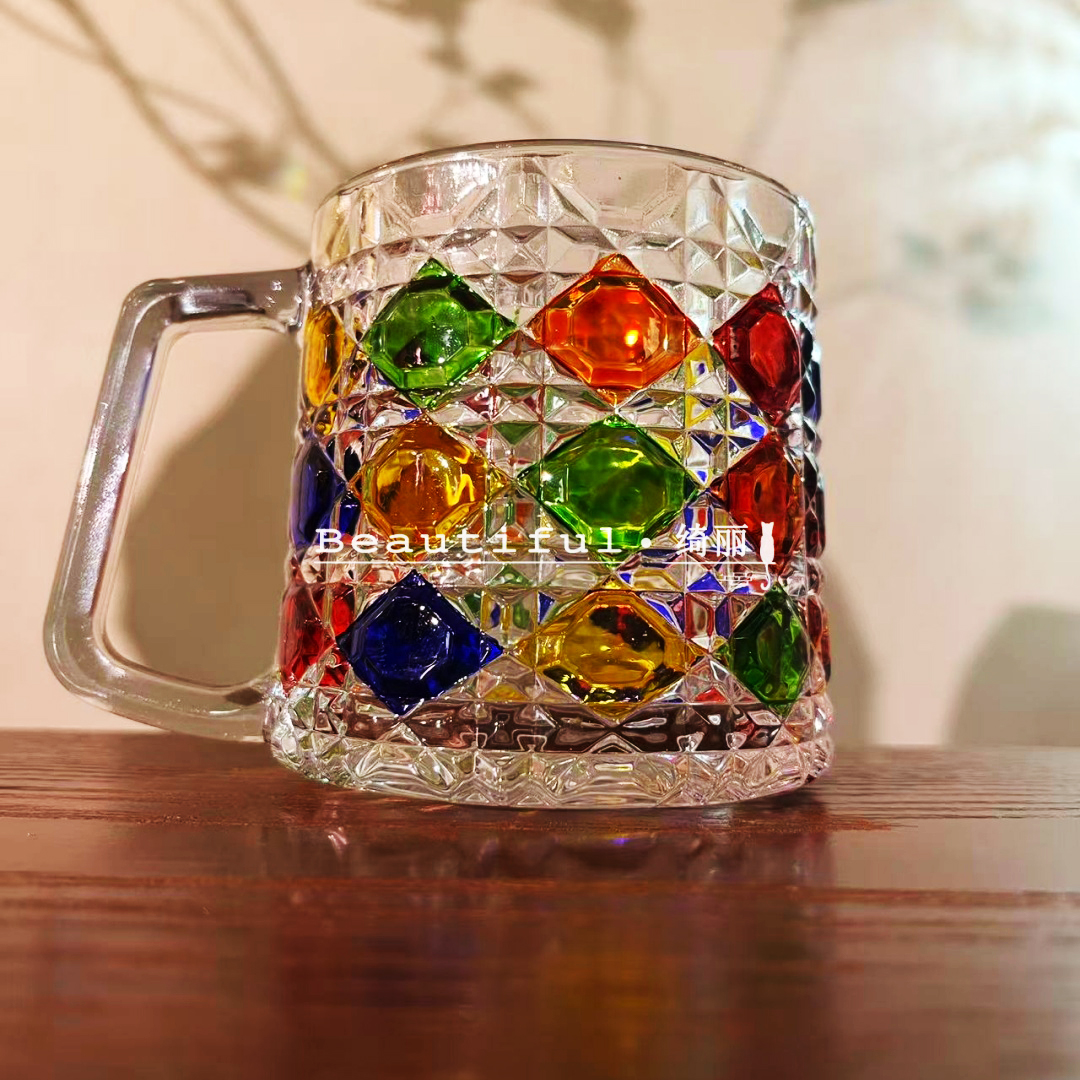 【单支装】彩虹色宝石纹菱形把手玻璃杯早餐杯咖啡杯