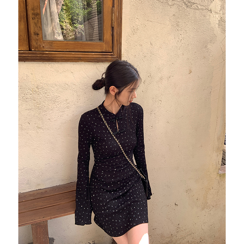王少女的店 黑色新中式印花连衣裙修身碎花气质裙子 L29837S51