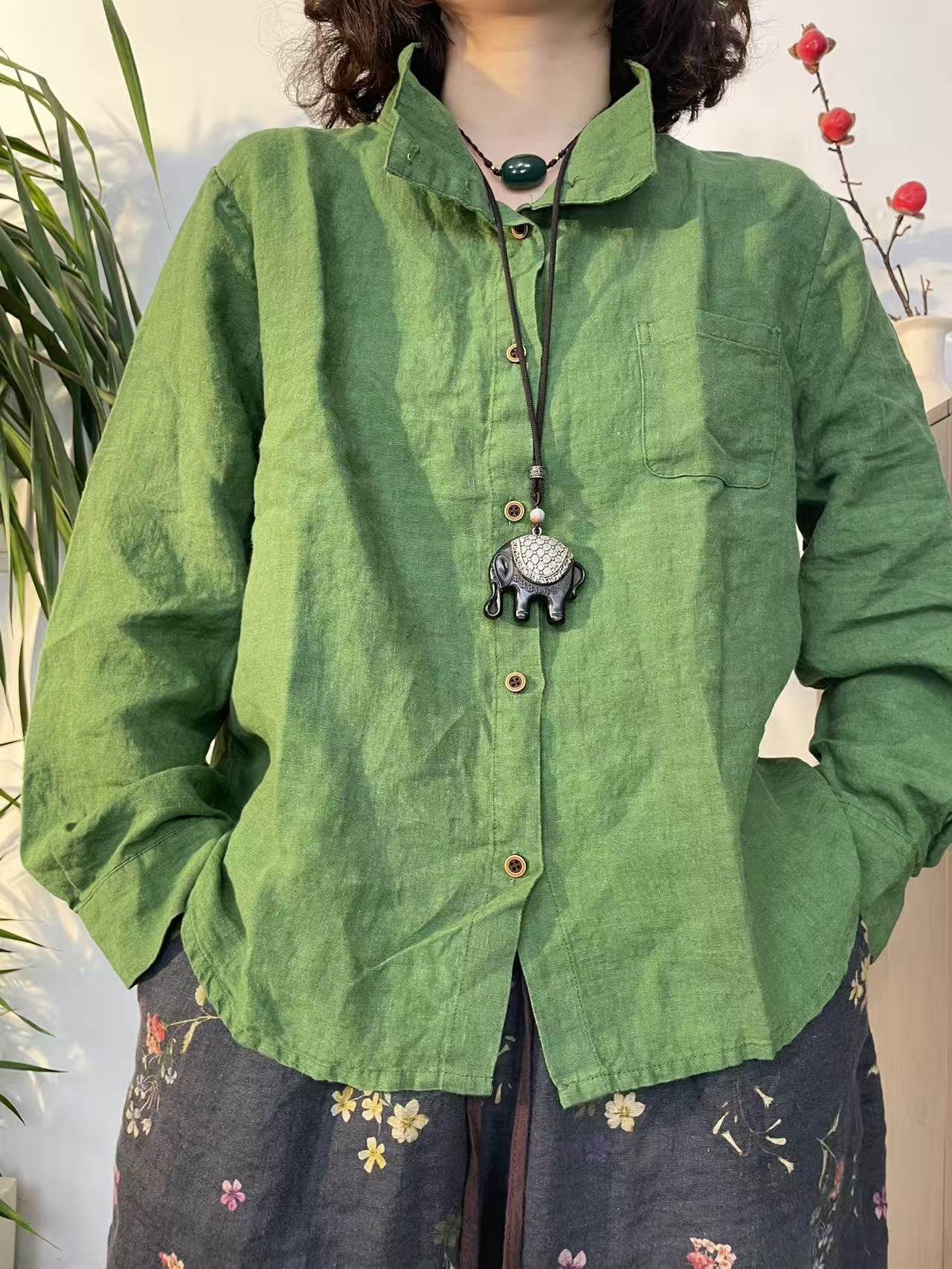 复古砂洗亚麻堆堆领衬衫女宽松文艺休闲百搭开衫长袖上衣