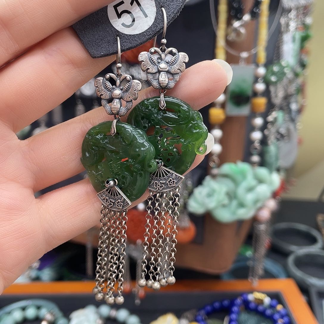 和田玉耳饰银S925镶嵌～**～515ghnjhj