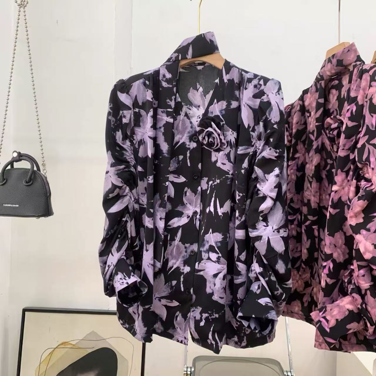 新疆包邮【6996】法式飘带花朵长袖衬衫（配飘带）衣长62