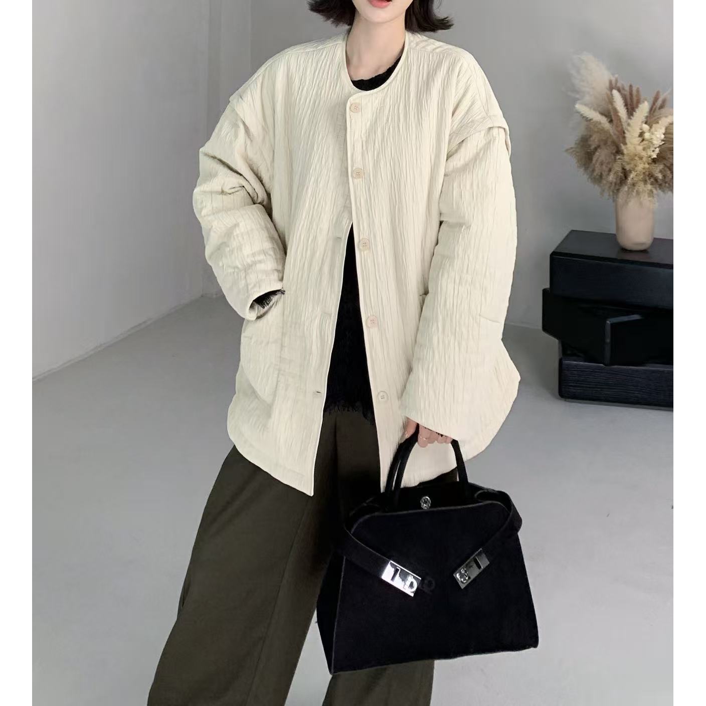 新款气质休闲简约棉格长袖棉服M85023