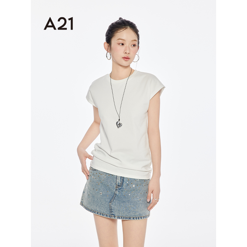 A21女装针织宽松圆领套头短袖T恤休闲简约上衣F452231008