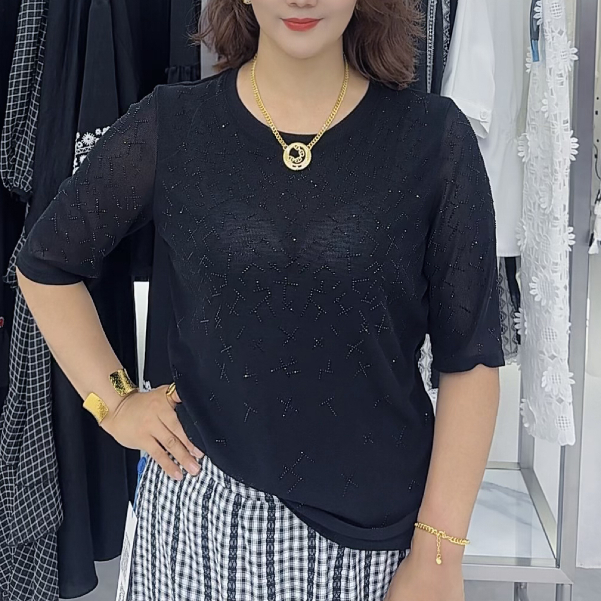 薄款纯色夏季圆领常规女毛宽松蕾丝显瘦中袖