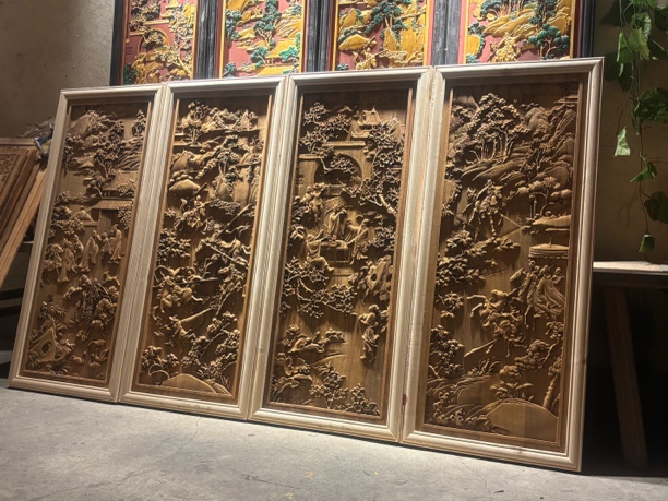 东阳木雕三国挂屏客厅香樟木挂画四条屏香樟木-定制类不支持退货