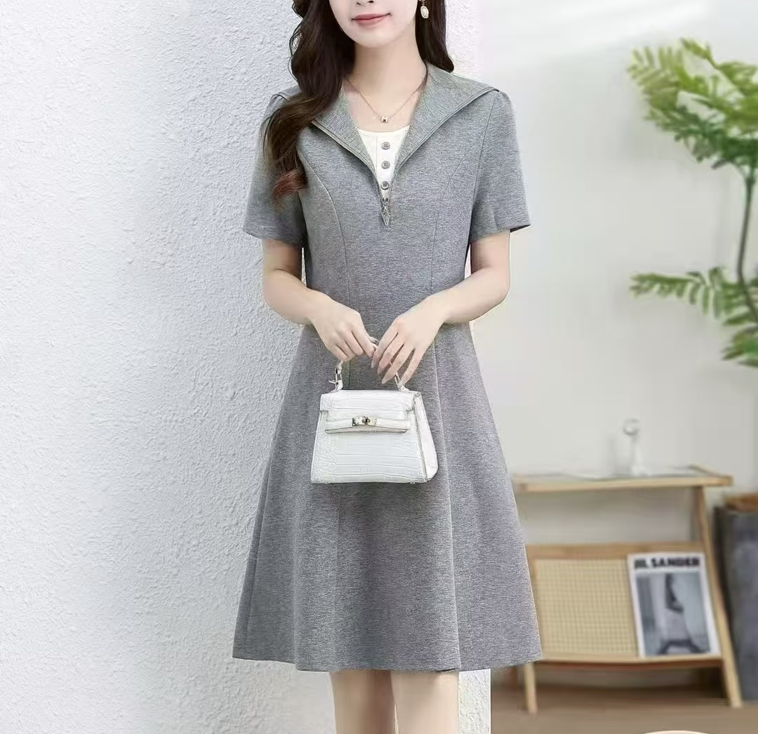 C442连衣裙女2025夏季新款假两件中长款气质百搭A字休闲裙子