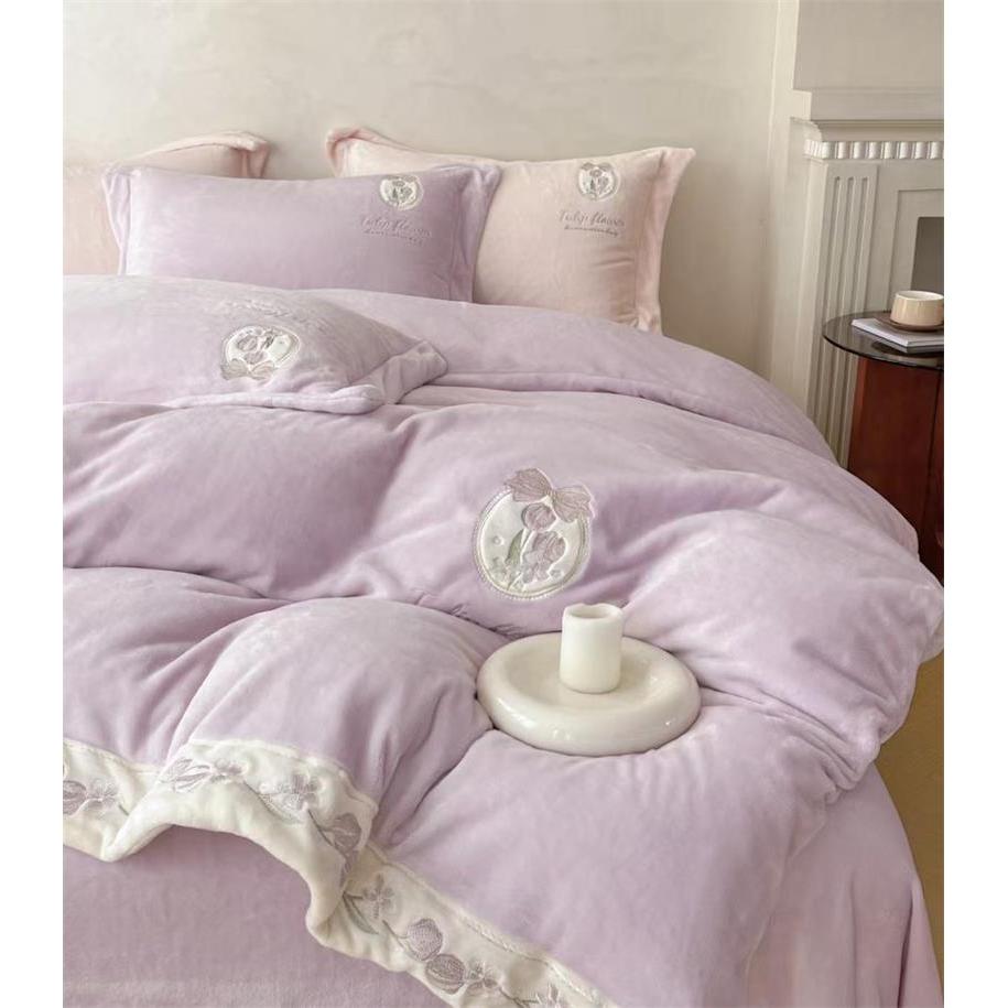 【晴美】埃琳娜新款  高品质牛奶绒刺绣四件套-郁金香全系列