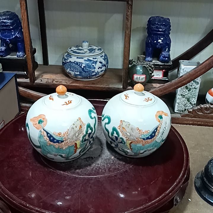 摆件盏**酒五彩罐子一对全品