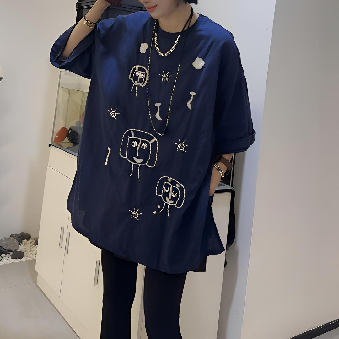 【芬芬姐精选】夏季动漫刺绣短袖休闲圆领短袖设计感衬衫时尚衬衣