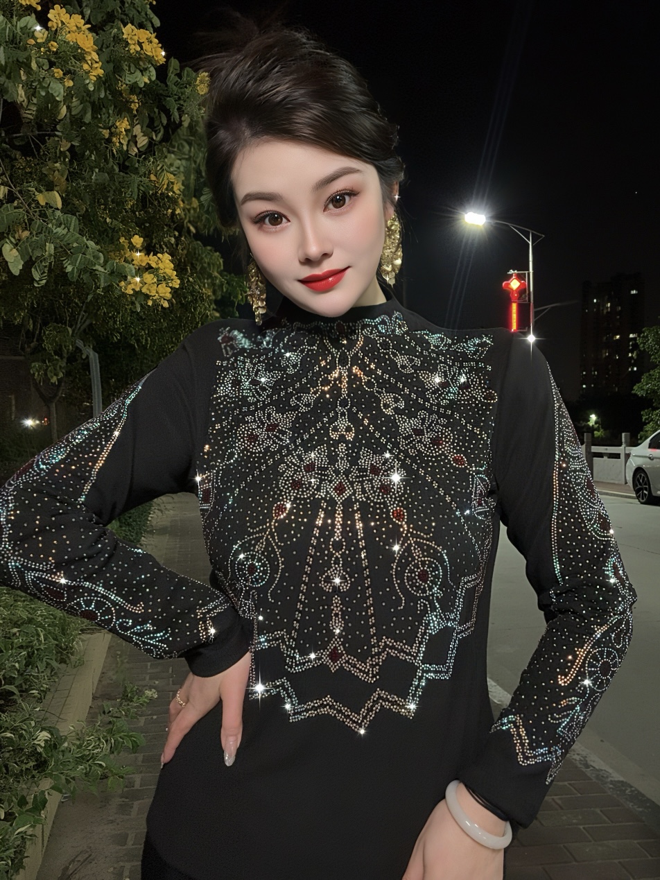 【网红810#双色加绒】打底衫女内搭秋冬时尚烫钻上衣修身显瘦