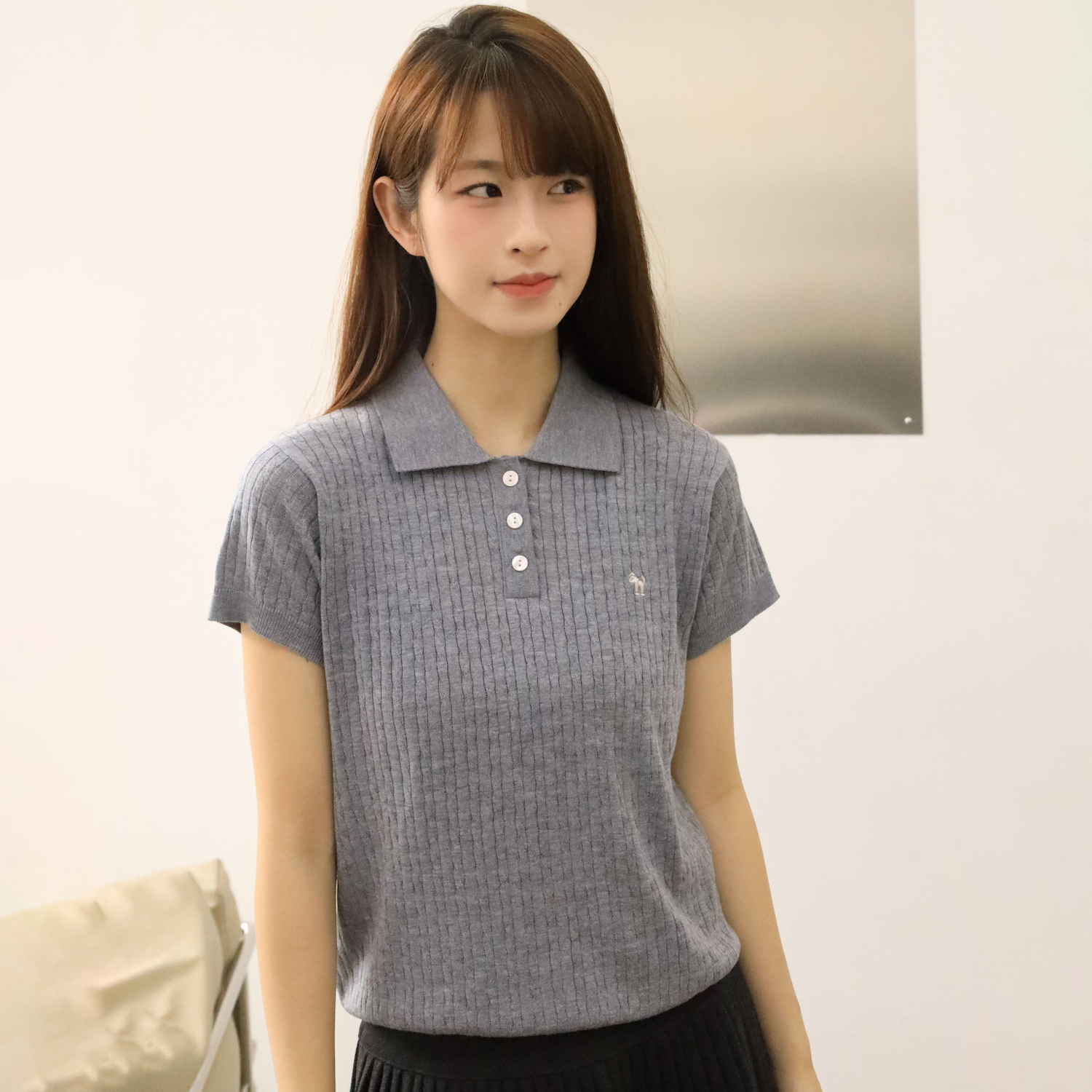 NEAT Pocket 羊毛混纺软糯亲肤透气针织纯色刺绣女款Polo短袖