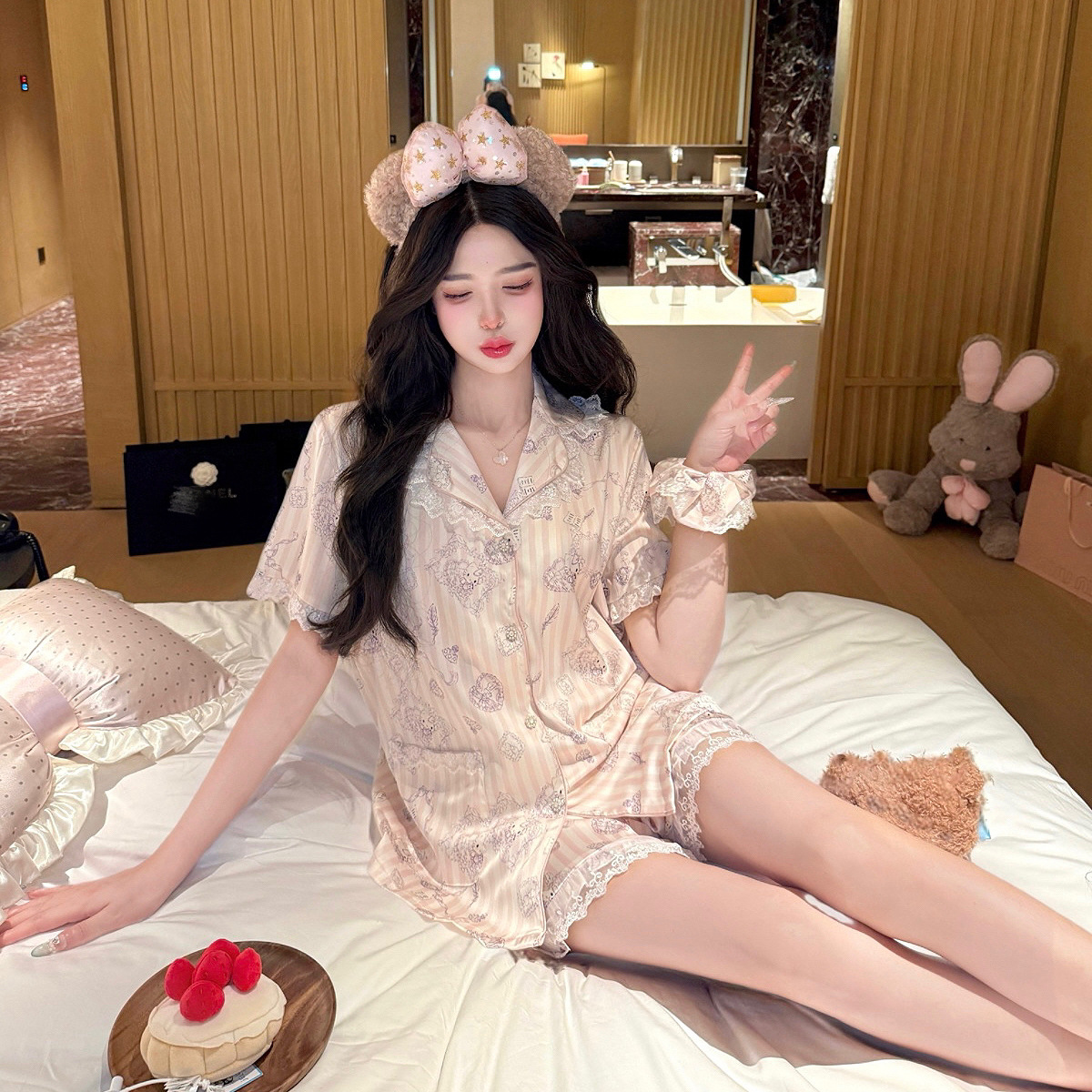 【简繁家甜美KT猫】蕾丝缎面冰丝短袖长袖睡衣春夏秋少女可爱家居服
