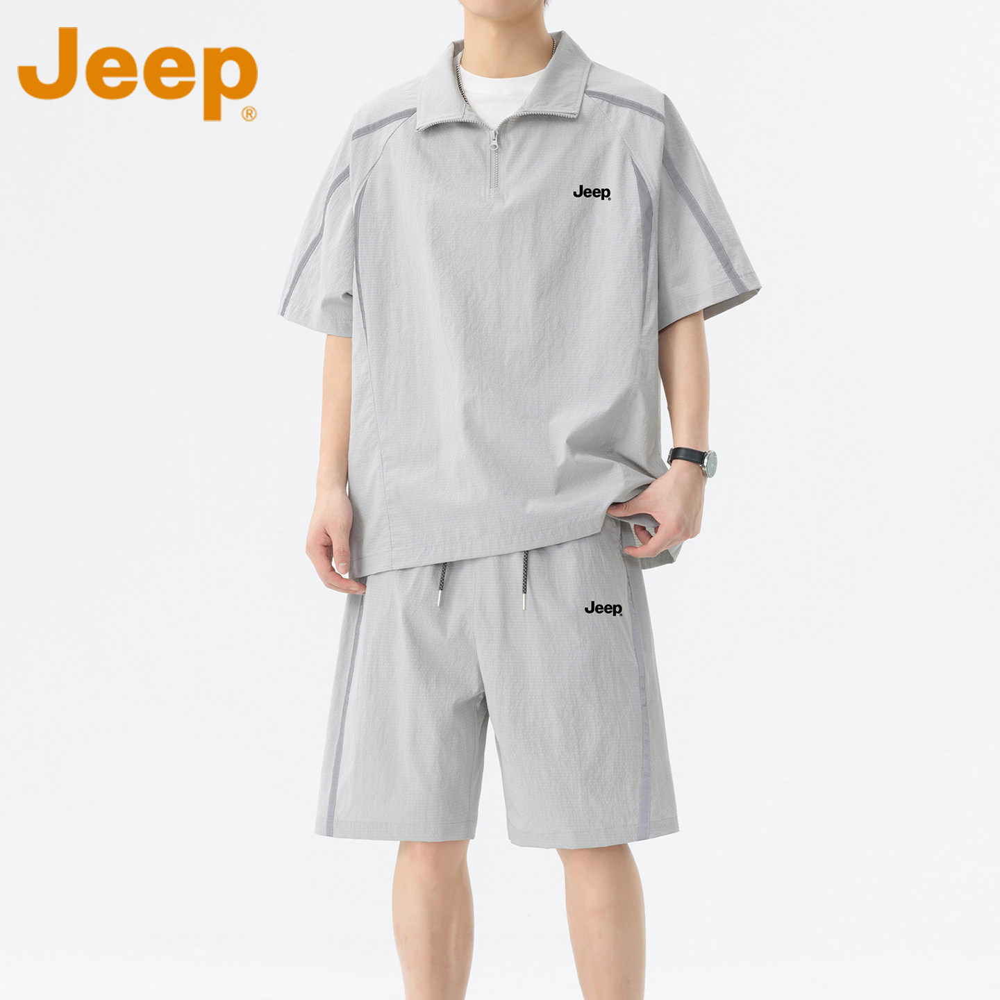 JEEP吉普美式冰丝速干套装男士2026夏季新款翻领短袖短裤两件套男
