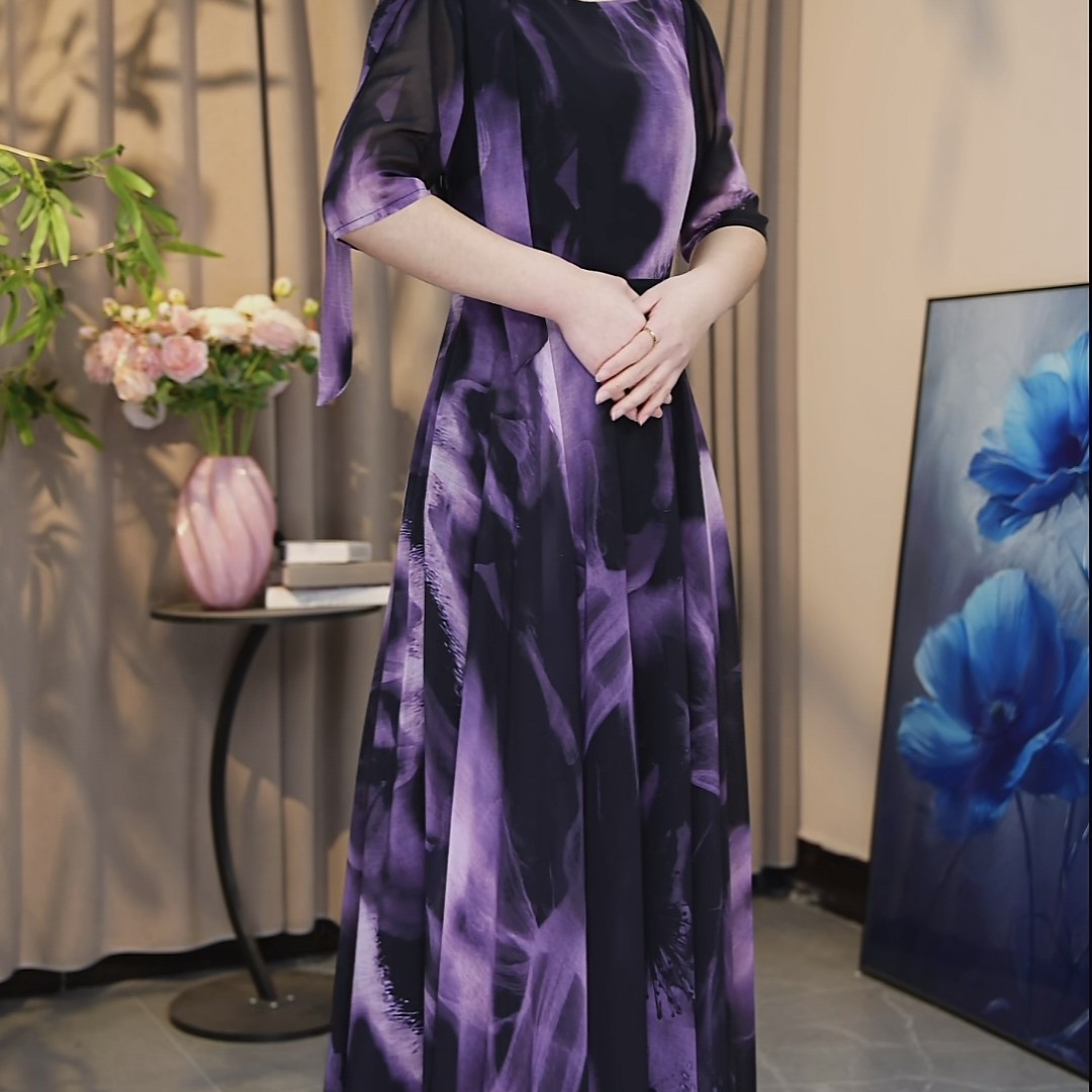 春夏新款紫色连衣裙中袖修身显瘦气质大摆长裙孤品26-14A