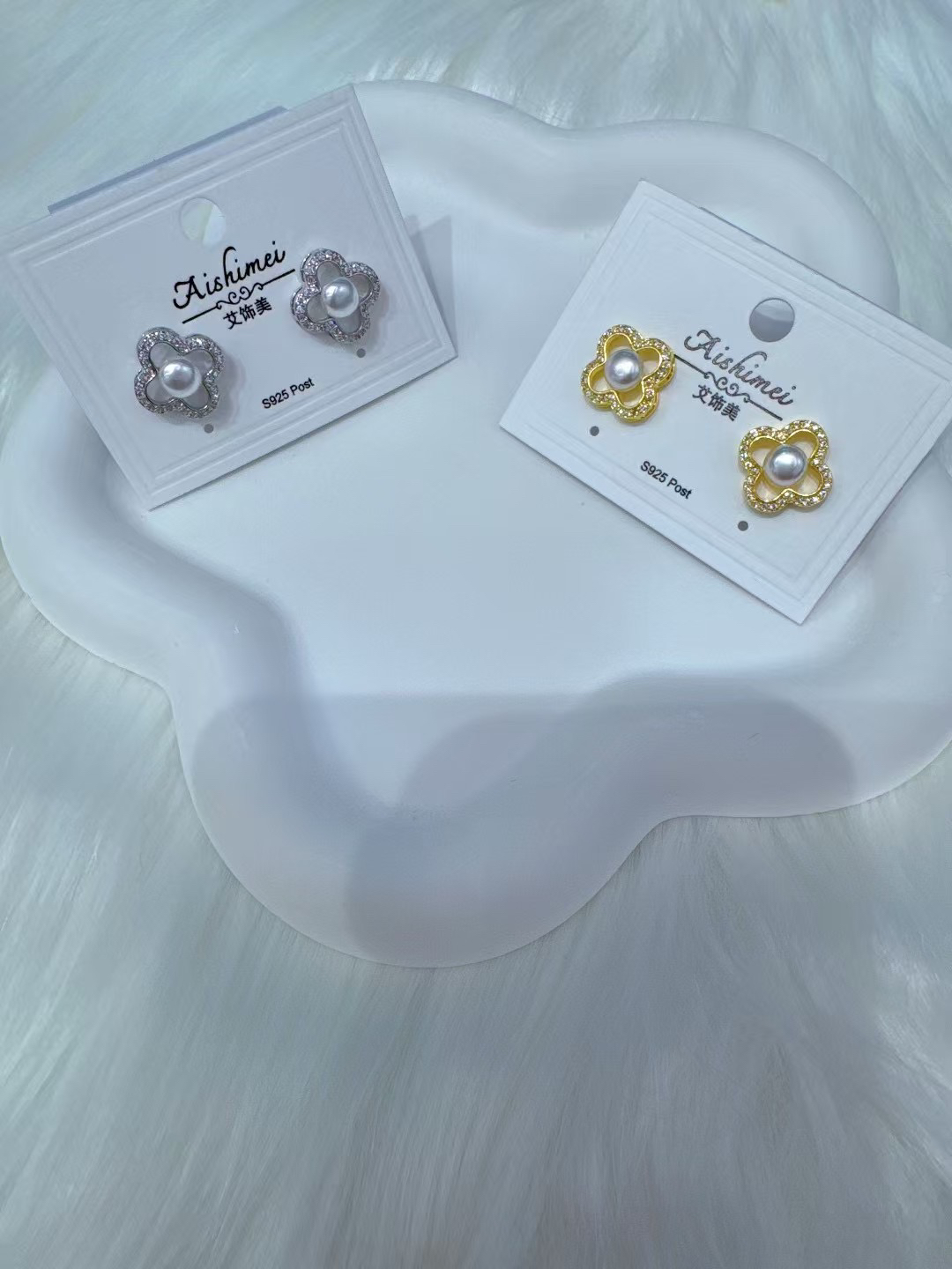 铜合金锆石耳饰 铜合金真金电镀四叶草流苏耳钉