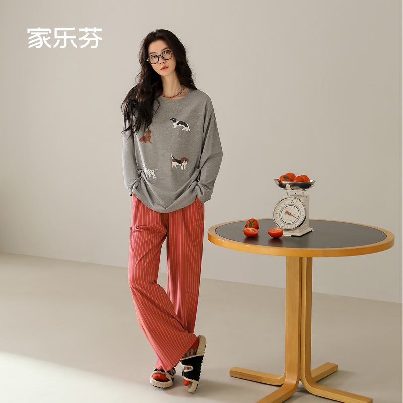 家乐芬睡衣女士春秋款纯棉长袖家居服可爱卡通小狗圆领套装可外穿