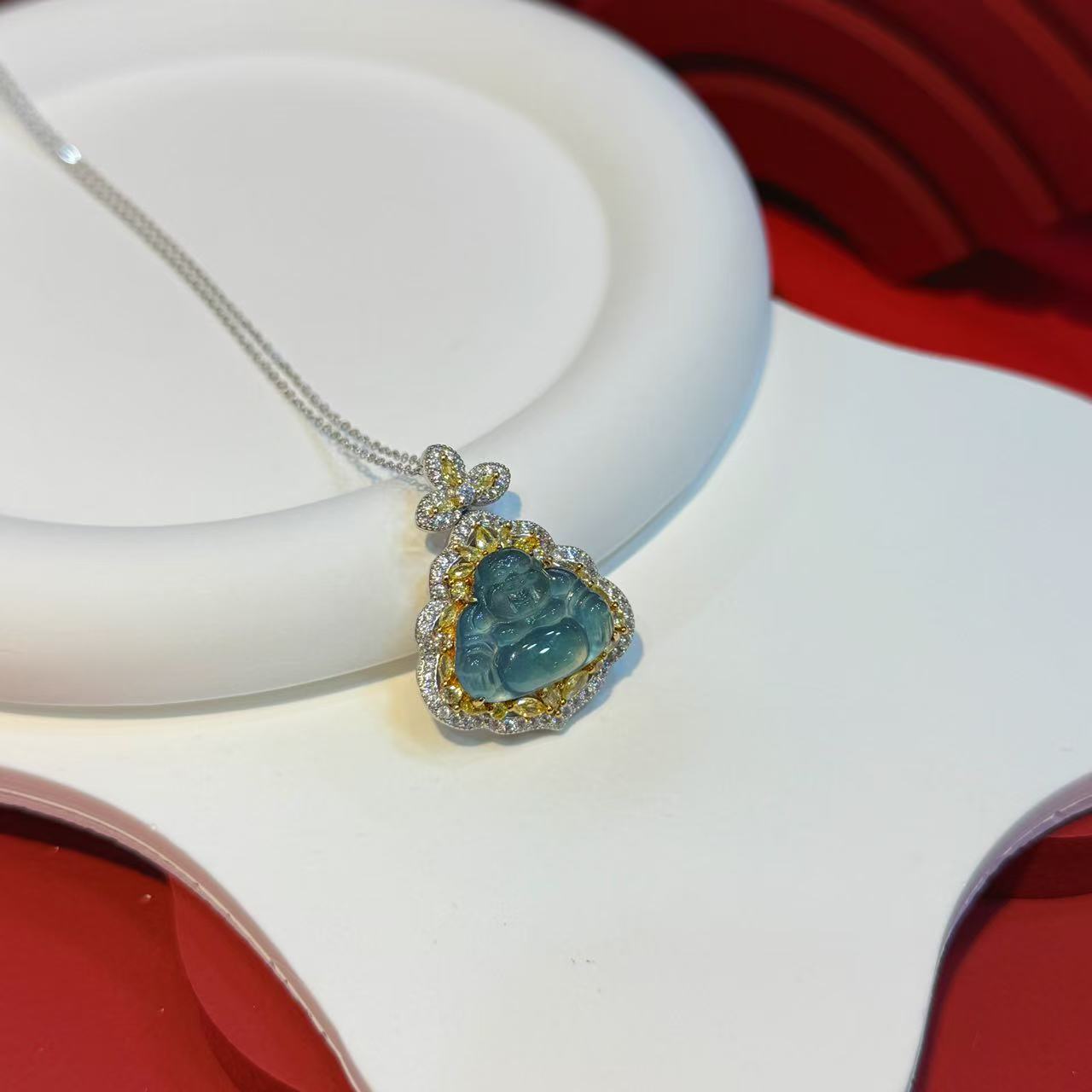 s925银15*18mm翡翠双色佛公吊坠HNZ11253