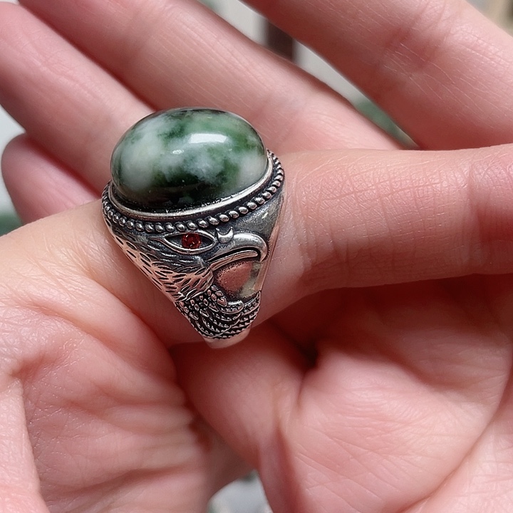 透闪石-蛇纹石玉戒指银S925镶嵌