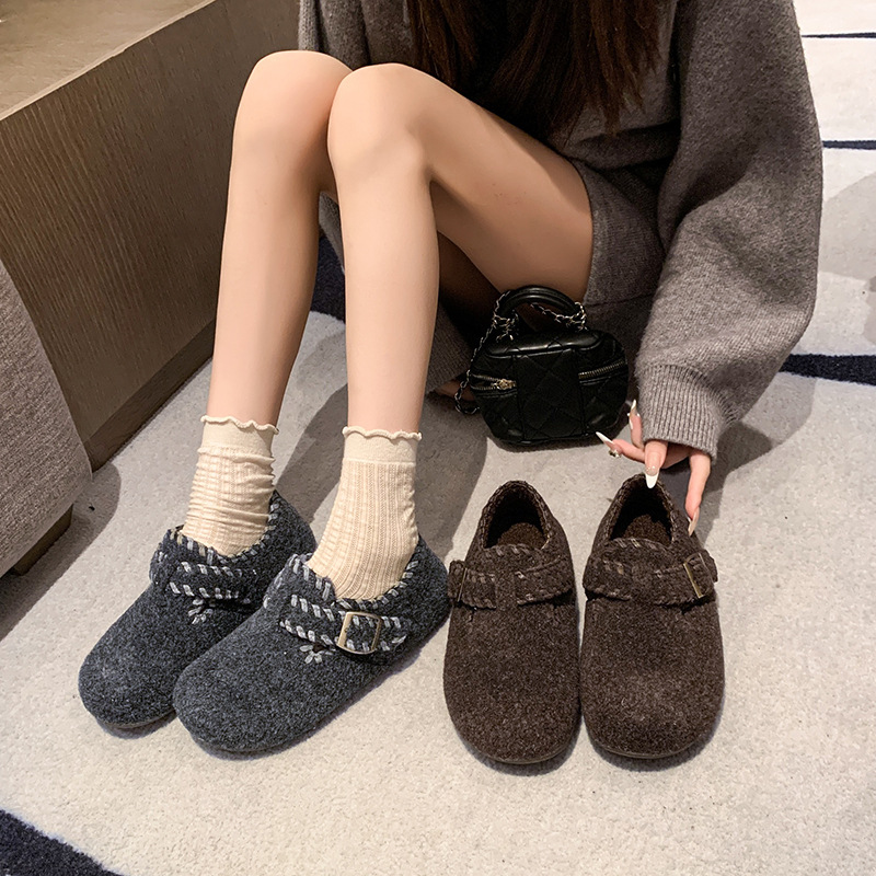 毛呢勃肯鞋女2025年新款秋冬季加绒一脚蹬软底棉鞋灰色毛毛鞋豆豆