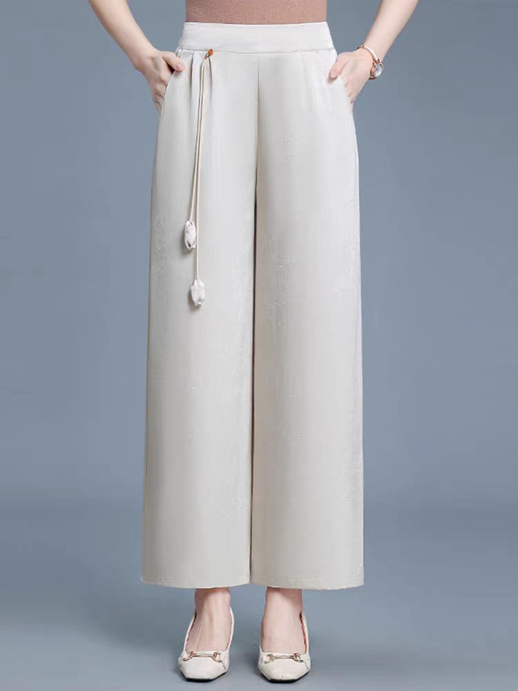 妈妈裤子女夏季薄款阔腿裤中老年长裤休闲裤高腰宽松缎丝裤子9255