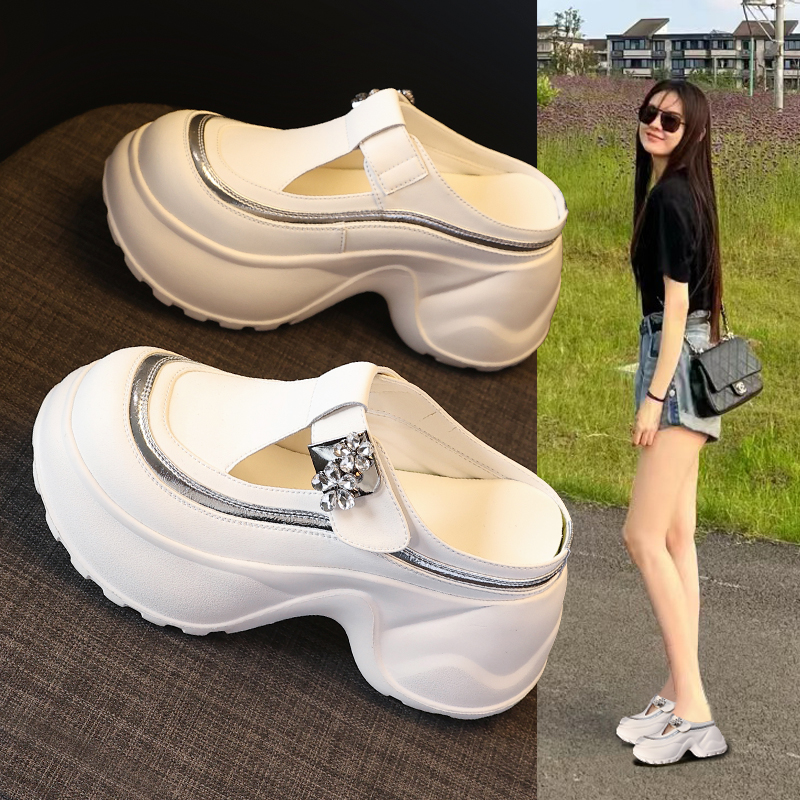 HS7780-18厚底内增高小个子时尚水钻包头拖鞋女2025一脚蹬懒人鞋