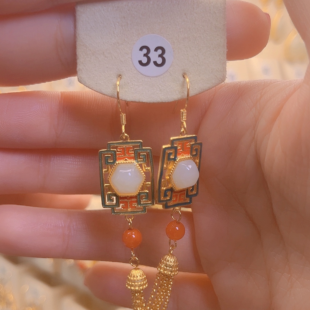 和田玉银S925镀金镶嵌耳饰