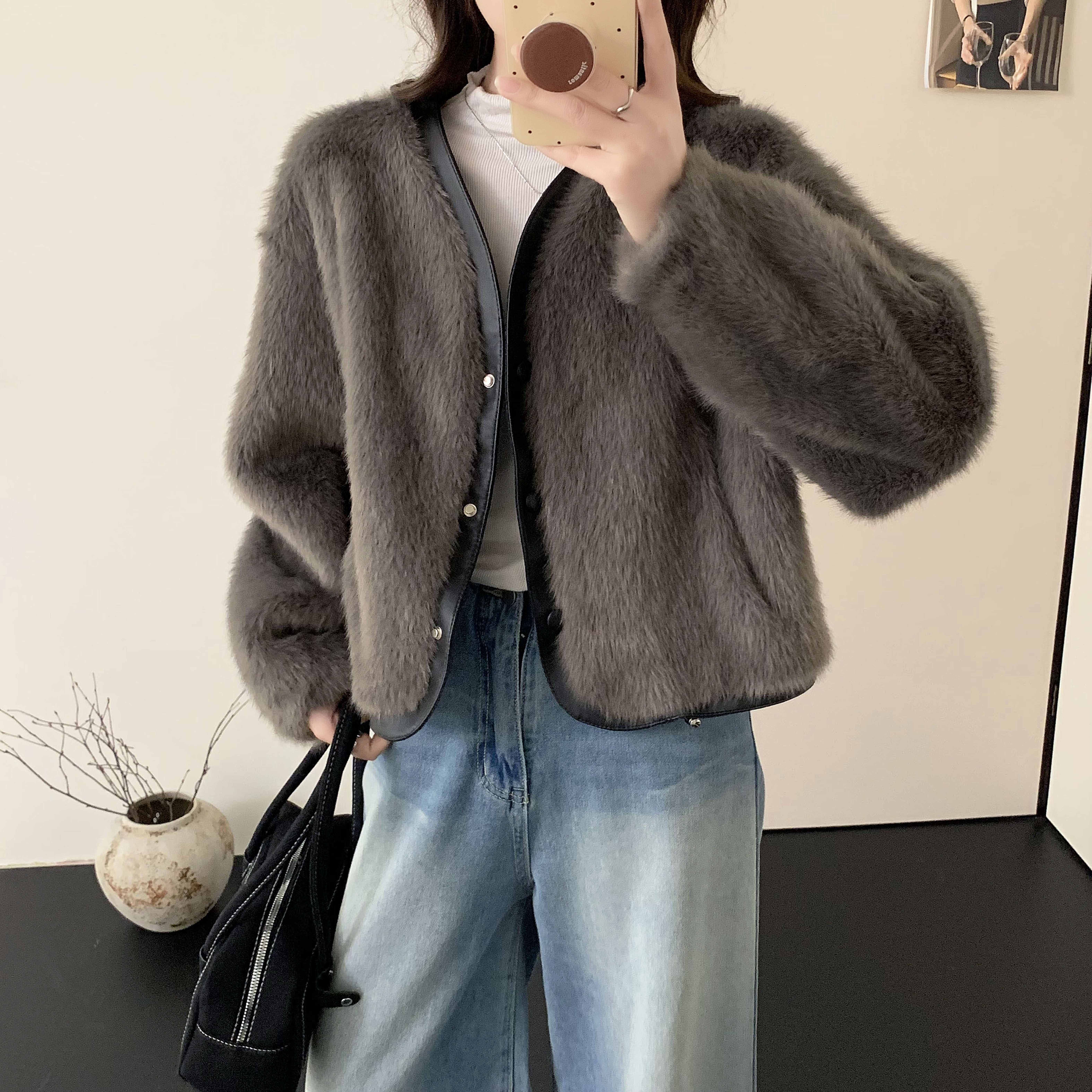 保暖短款设计师长袖宽松型冬季短外套网红冬季毛绒906