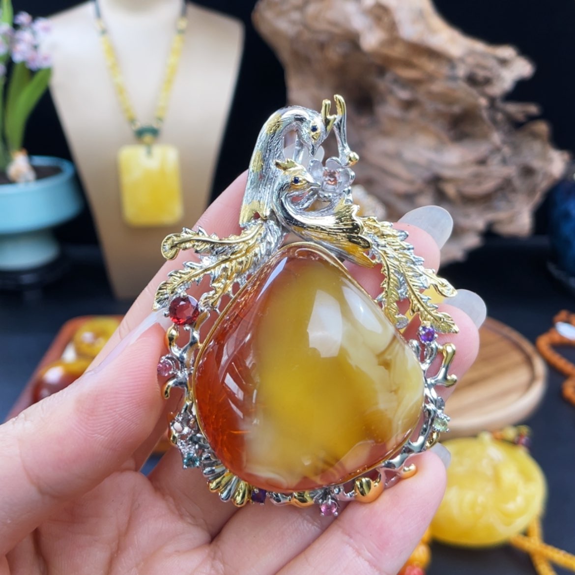 【闪购商品】琥珀珠宝奇石银S925镀金镶嵌