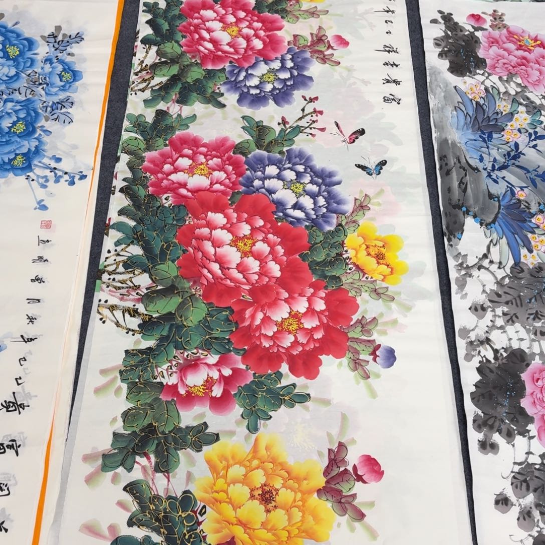 国画180×70千层金线牡丹手绘画画画