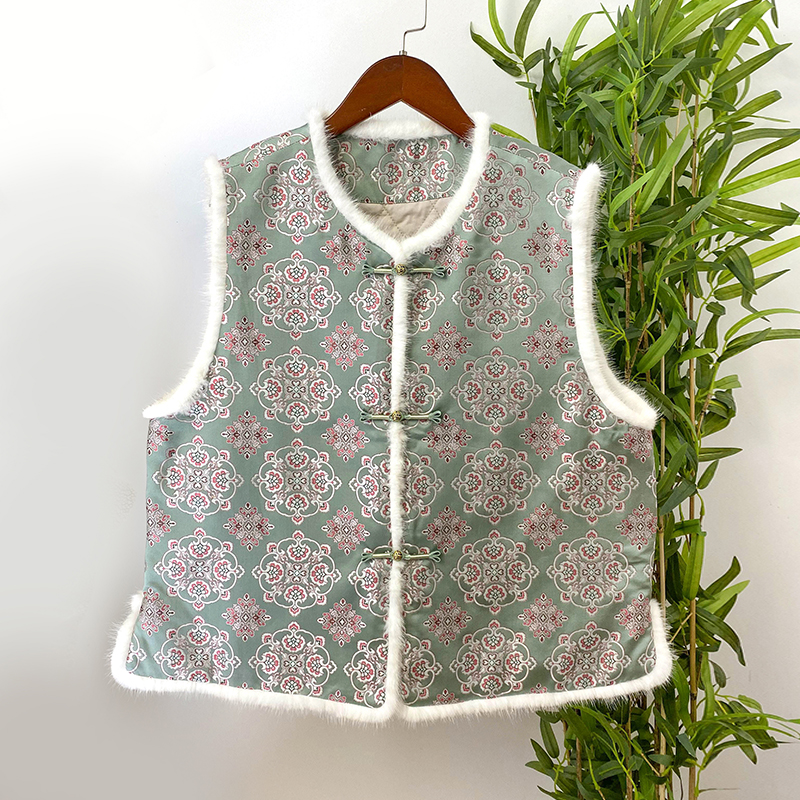 【天青色宝相花】新中式复古圆领时尚百搭加厚加绒秋冬女士宋锦马甲