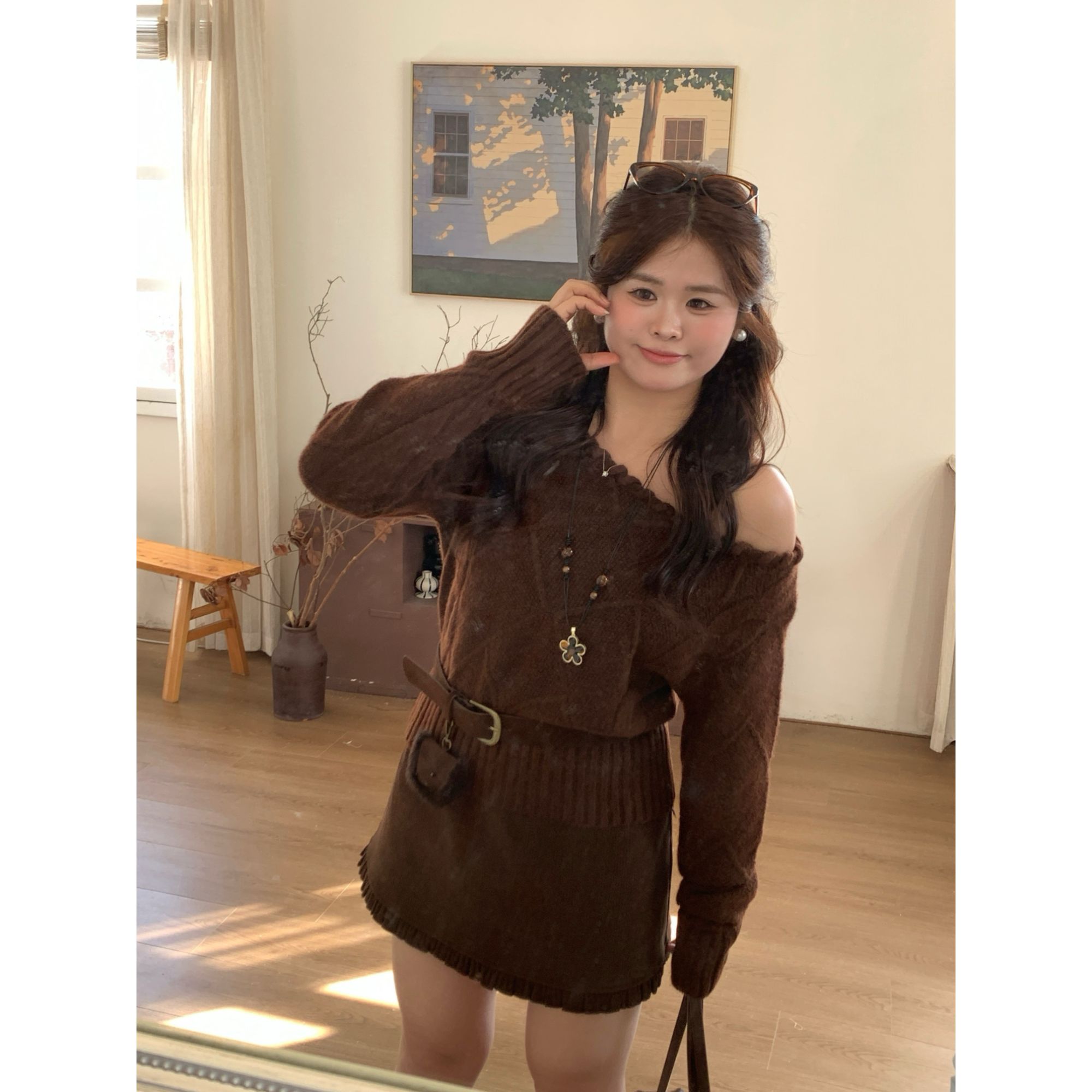 【中古少女】大头婷丫丫微胖定制秋冬慵懒感复古斜肩菱格毛衣 L8571