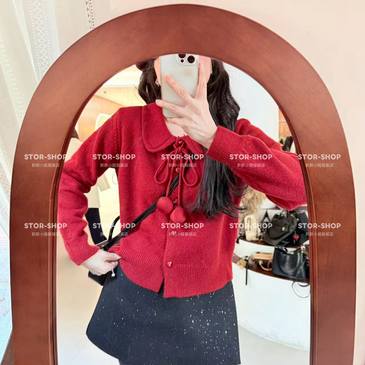 ｛毛球娃娃领｝韩系 红色 宽松显瘦 复古气质 针织毛衣上衣