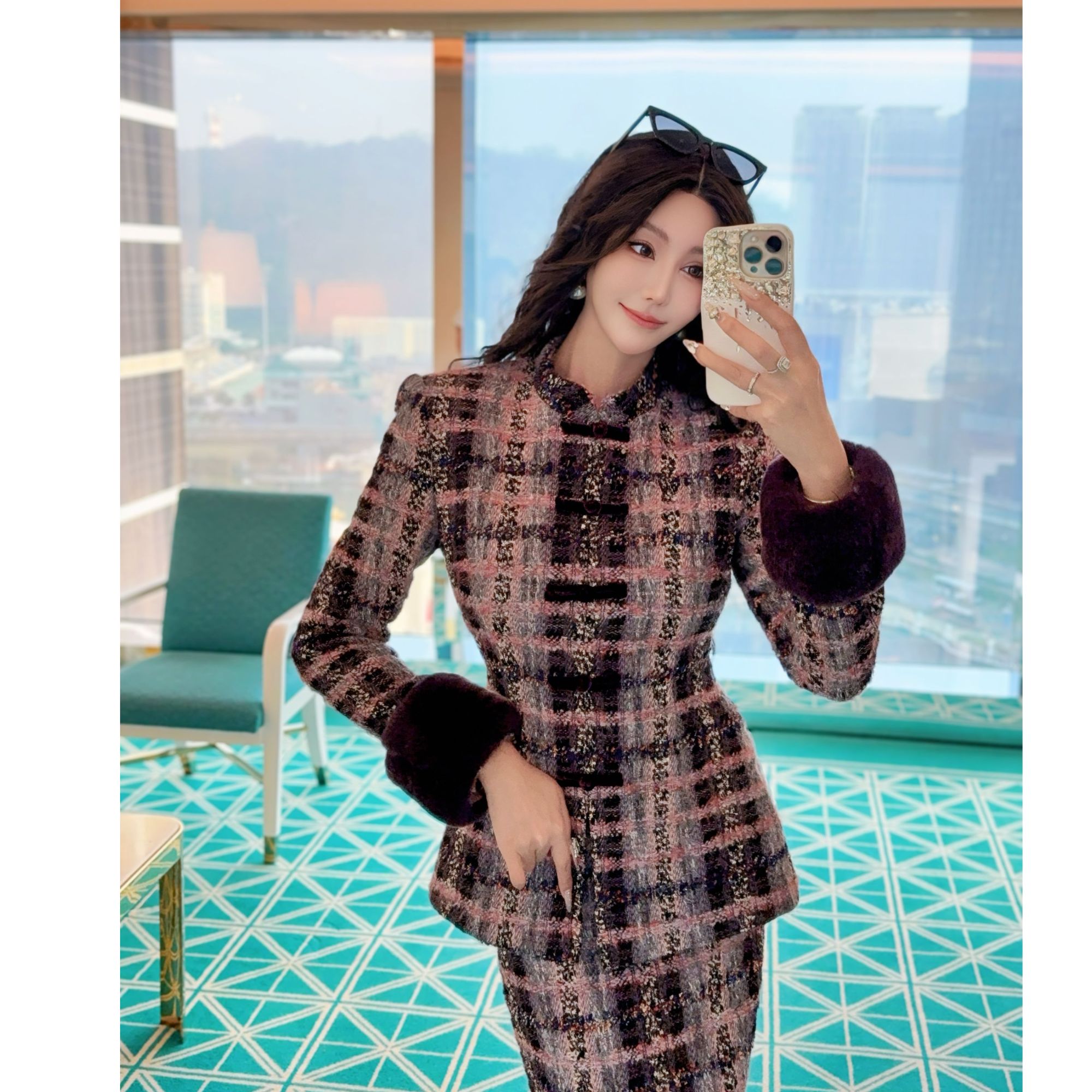 DIYI【紫罗兰女神】紫金两色毛毛袖针织上衣半裙套装TZ14412